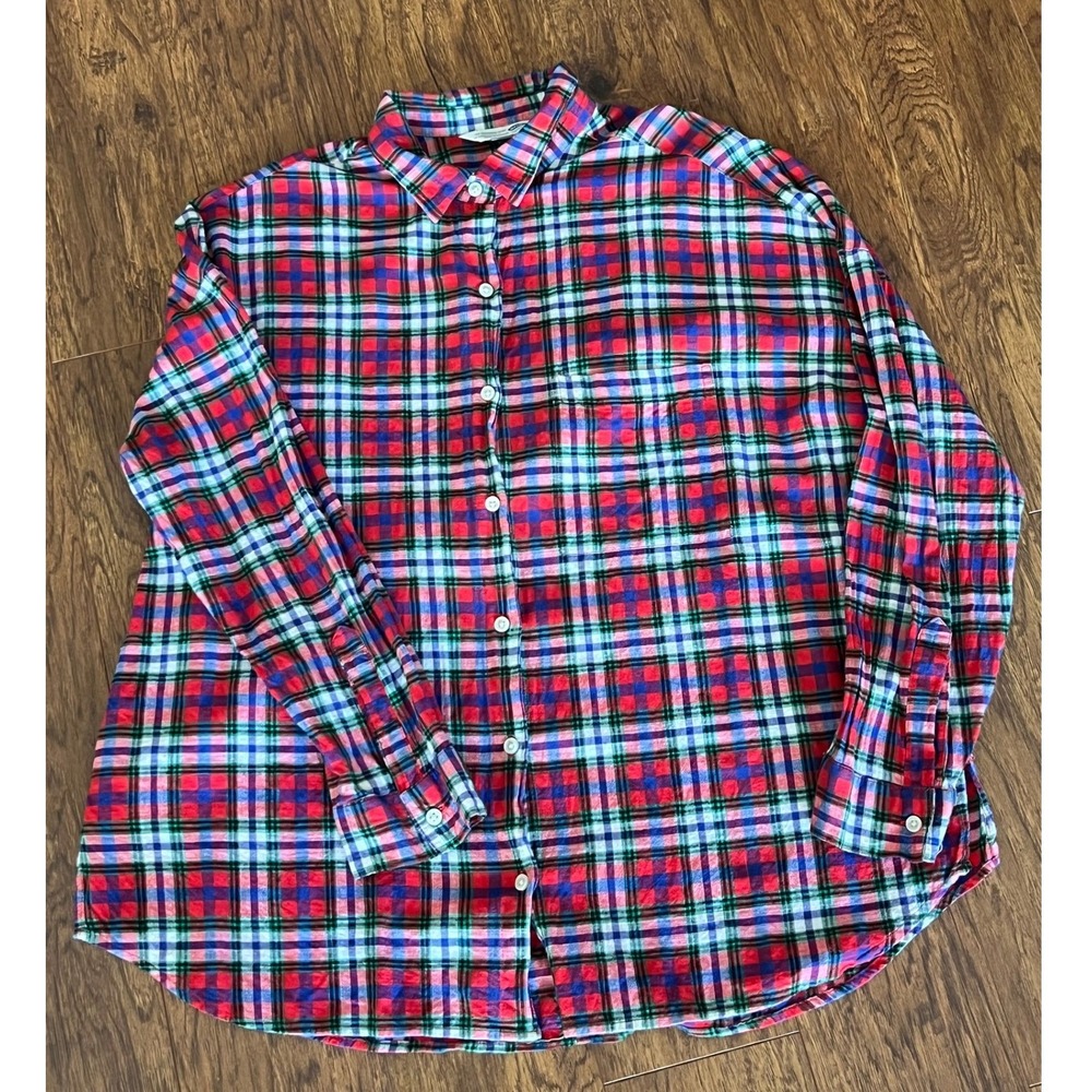 Old Navy "the Boyfriend Shirt" XL Women Red Plaid Cotton Button Long Sleeve Top